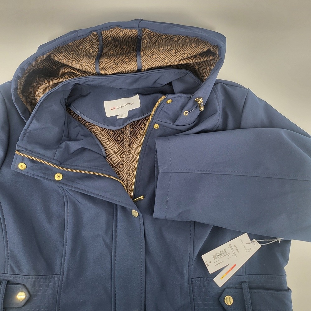 Liz Claiborne Navy Blue Hooded‎ Jacket Coat Women's Sz 2X Full Zip Pockets Lined